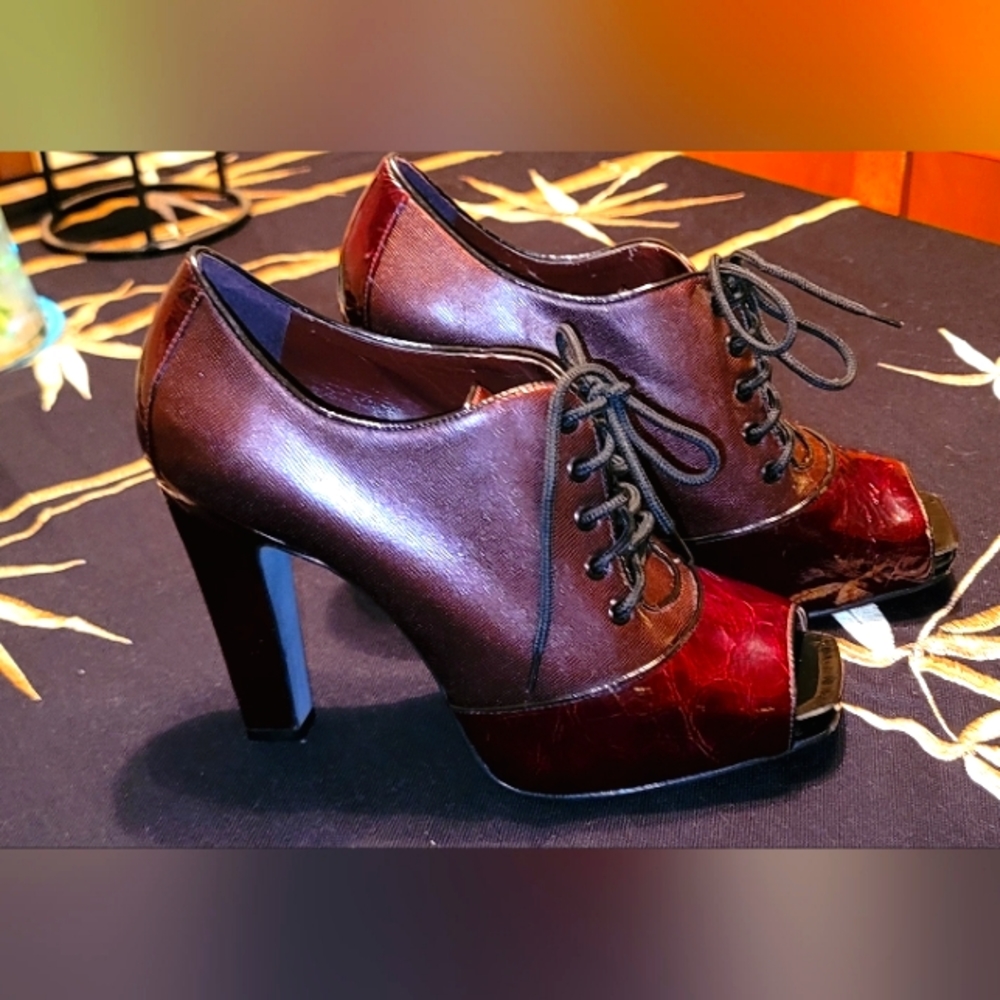 Vince Camuto Metallic Burgundy  Lace Up Peep Boots